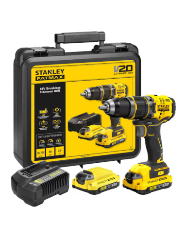 Taladro Percutor Stanley Brushless V20 Li-Ion 18V con 2 Baterías 2Ah, CARGADOR 2A y MaletínSFMCD721D2K