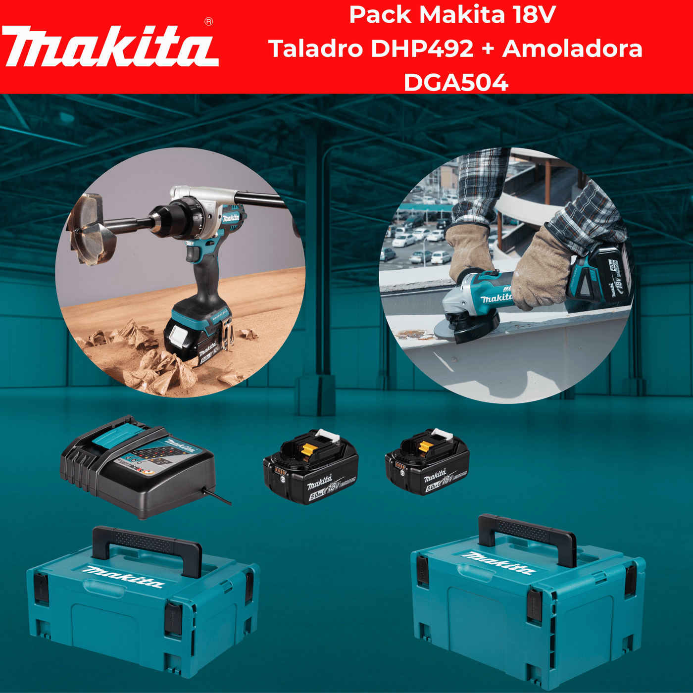 Pack Makita 18V con Taladro DHP492 y Amoladora DGA504: potencia profesional sin cables