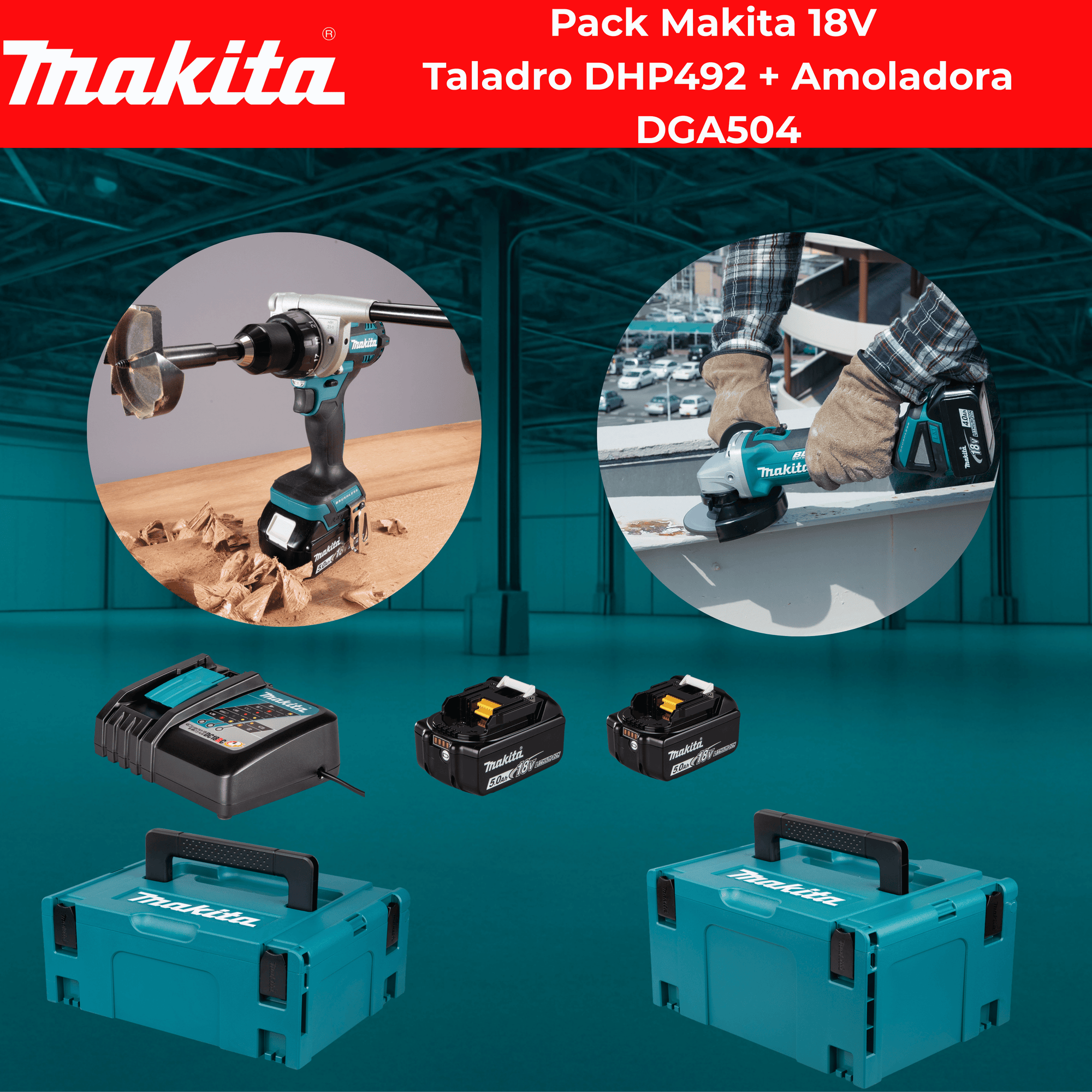 Pack Makita 18V con Taladro DHP492 y Amoladora DGA504: potencia profesional sin cables