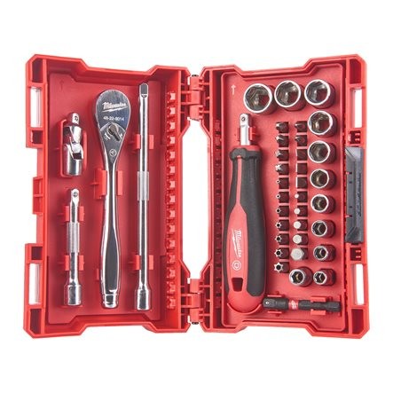 Estuche Milwaukee 38 piezas, carraca y vasos de 1/4"Metrica ref 4932479096