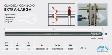 Fresa rotativa HSS extra larga especial cerrajeros GFC-0616-6-5-100