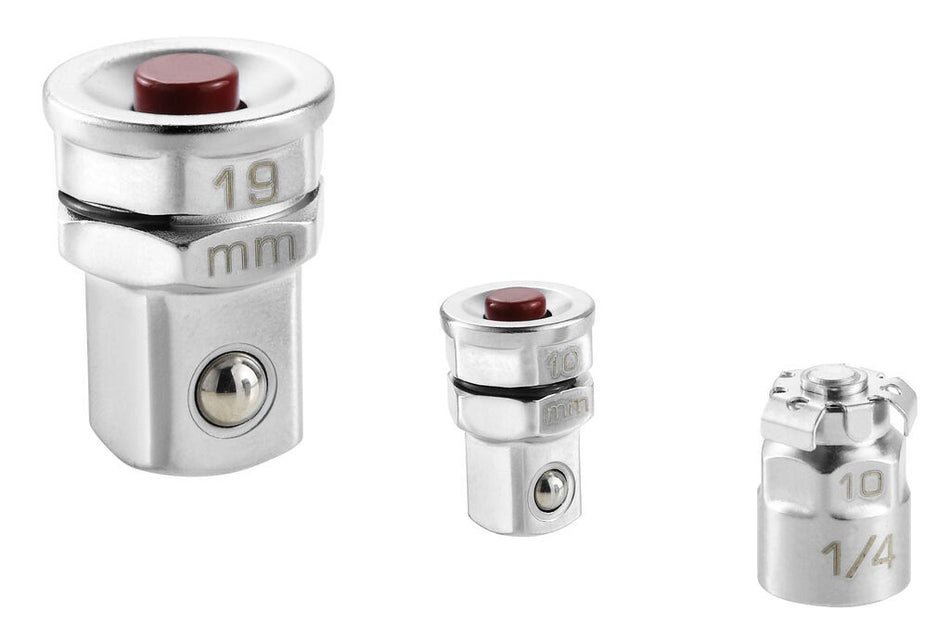Lote de 2 adaptadores para llave 10 mm hacia cuadrado 1/4" y para llave 19 mm hacia cuadrado 1/2"