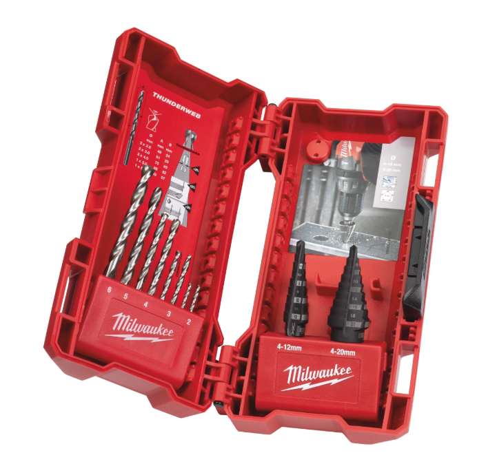 Pack Milwaukee 2 brocas escalonadas y 8 brocas Thunderweb + Power pack iluminacion