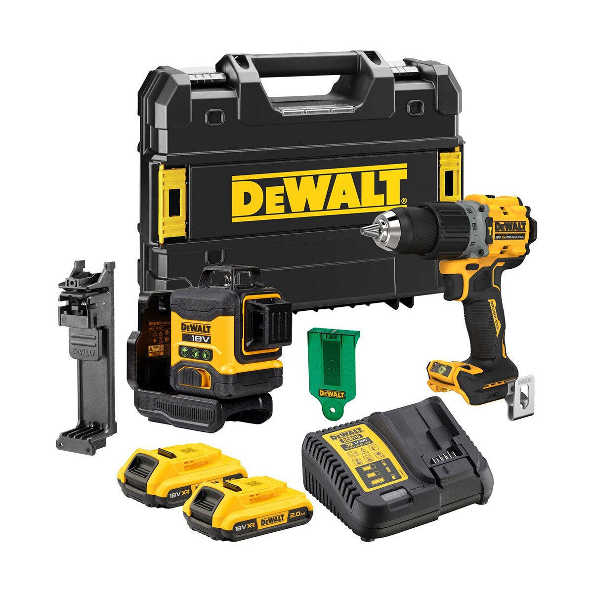 Kit Dewalt Taladro DCD805 + Nivel Láser DCLE34031 + 2 baterías DCB183 + cargador DCB115 en caja TStak