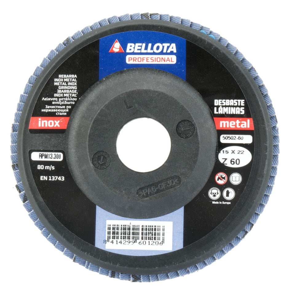 Disco de láminas base plana de poliamida para desbaste inox-metal, grano AZ 60 y Ø 115 / 5050260