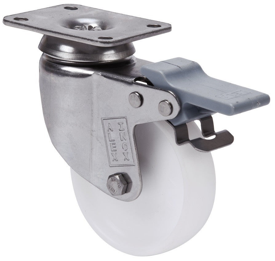 SERIE BHI INOX-BP Blanco, Giratorio/Platina/Freno Rueda y Soporte 2-3064