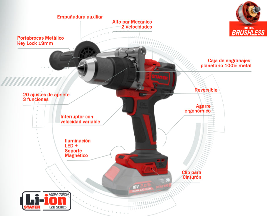 Stayer taladro atornillador percutor PBL 150 P L20 Brushless 150Nm 2 bat 5.0Ah