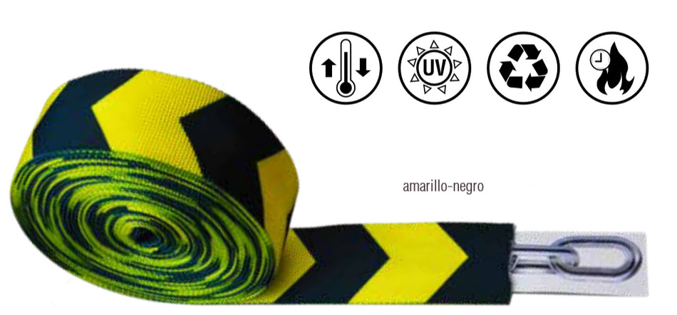 Cinta señalización tubular para cadena 40MMX10M Negro/Amarillo Ponsa