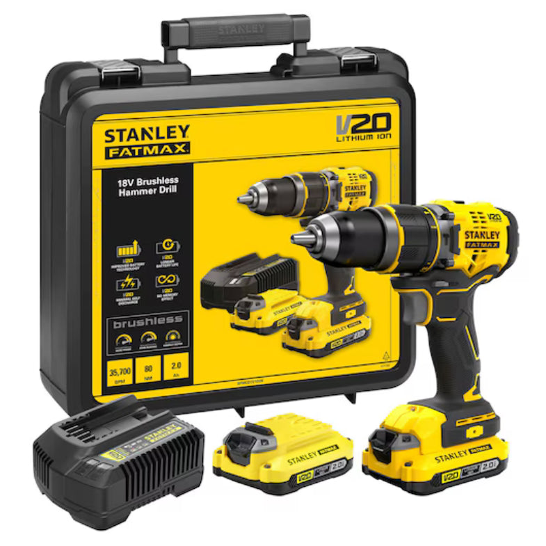 Taladro Percutor Stanley Brushless V20 Li-Ion 18V con 2 Baterías 2Ah, CARGADOR 2A y MaletínSFMCD721D2K