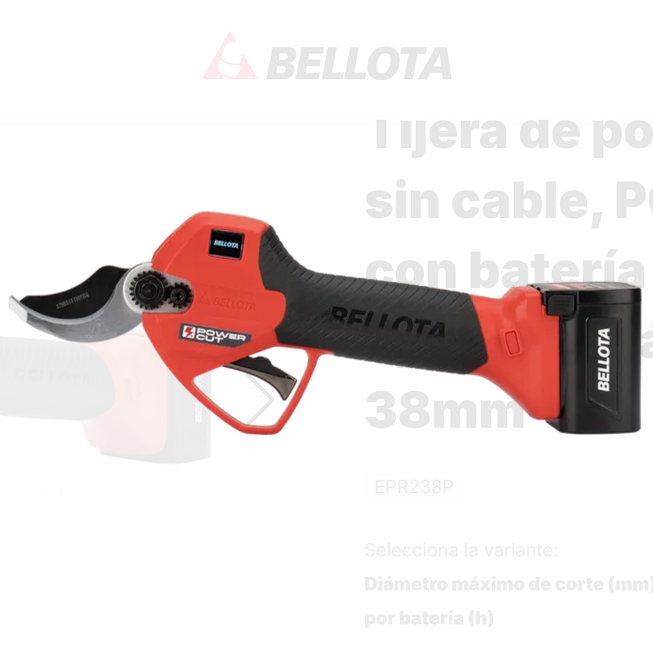 Tijera BELLOTA de poda eléctrica sin cable, POWER CUT con batería de Litio Ion y apertura máxima de 38mm