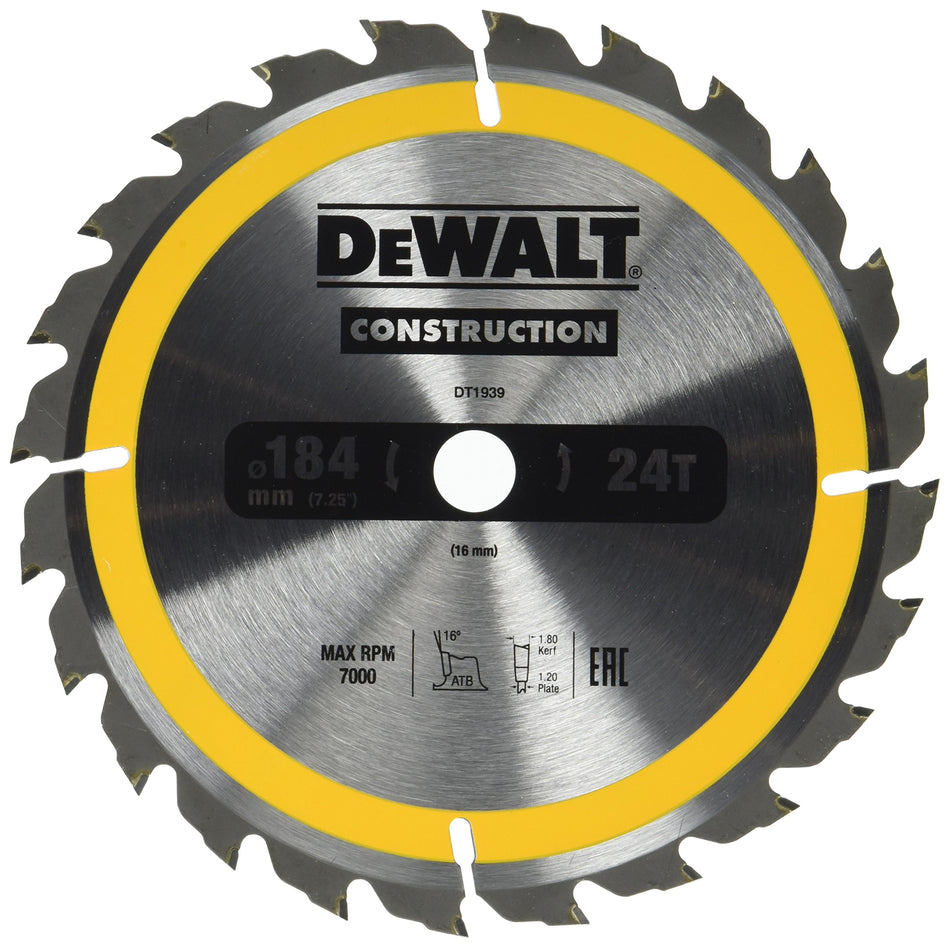 Hoja Sierra Circular Portátil 184mm 24D ATB Construcción Dewalt DT1939-QZ