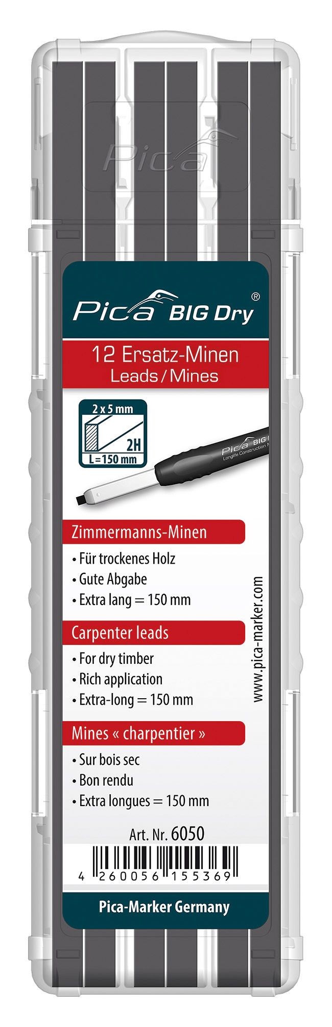 Estuche con 12 minas de carpintero BIG-Dry de grafito 2H (blister)