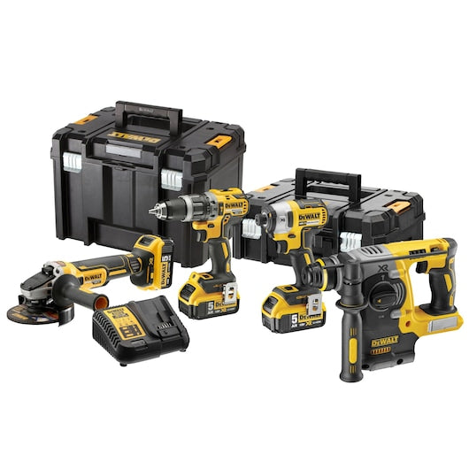 KIT 4 Herramientas XR 18V Taladro Percutor, Impacto, Amoladora, Martillo + 3 Baterías 5Ah TSTAK Dewalt DCK422P3T-QW