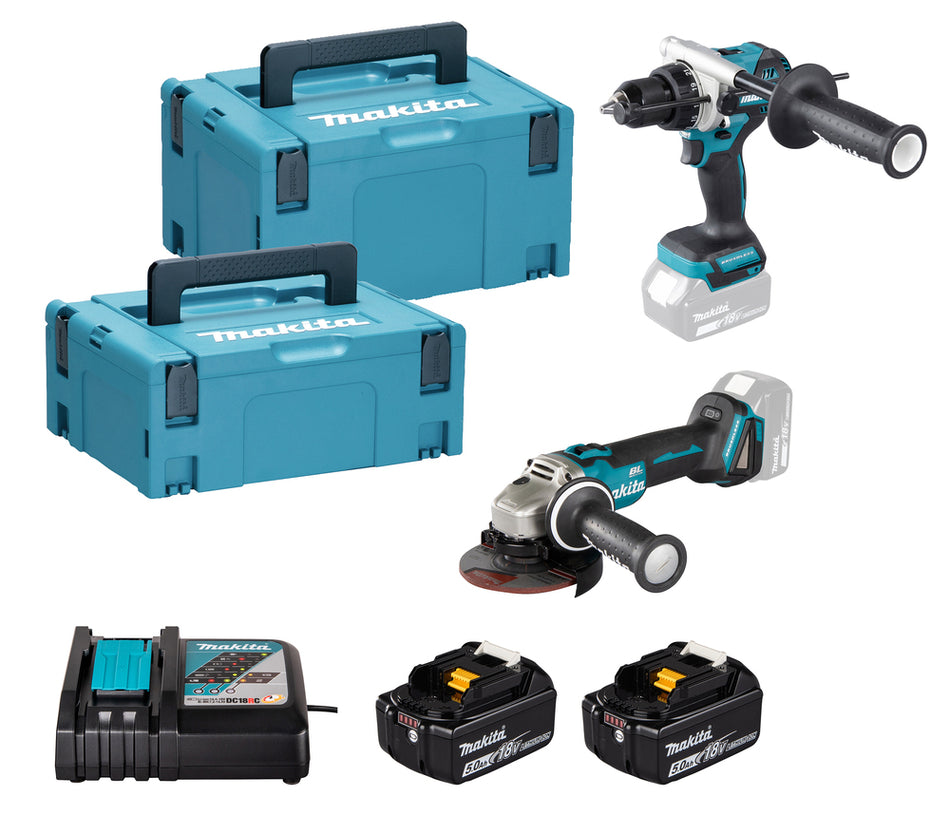 Kit Makita Taladro Combinado DHP492 y Miniamoladora DGA504. 2 baterias de 5,0Ah y cargador rápido. En 2 maletines Makpac.