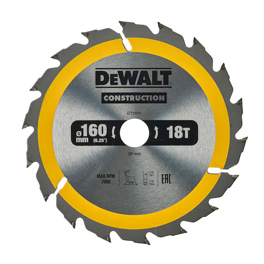 Hoja Sierra Circular Portátil 160mm 18D ATB Construcción Dewalt DT1931-QZ