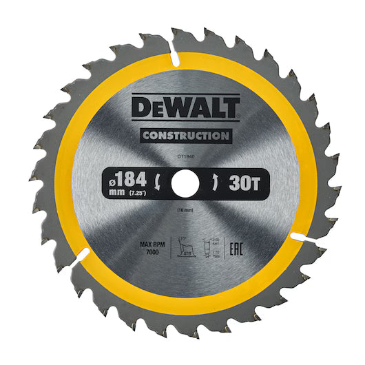 Hoja Sierra Circular Portátil 184mm 30D ATB Construcción Dewalt DT1940-QZ