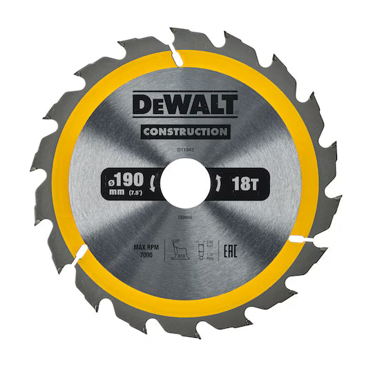 Hoja Sierra Circular Portátil 190mm 18D ATB Construcción Dewalt DT1943-QZ