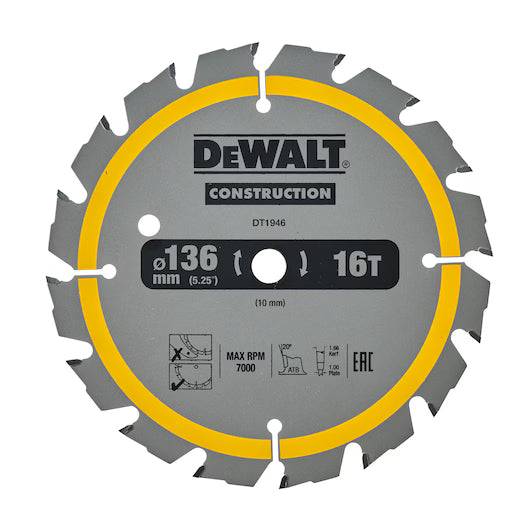 Hoja Sierra Circular Portátil 136mm 16D ATB Construcción Dewalt DT1946-QZ