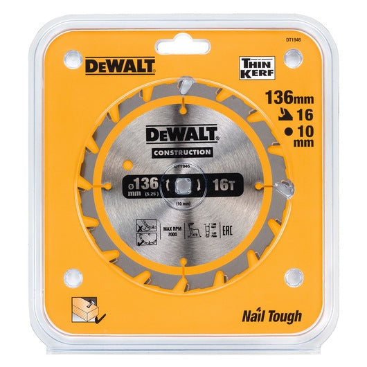 Hoja Sierra Circular Portátil 136mm 16D ATB Construcción Dewalt DT1946-QZ