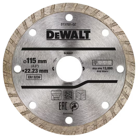Disco Diamante Turbo 115mm Corte Seco Mármol/Granito/Piedra Natural Dewalt DT3702-QZ