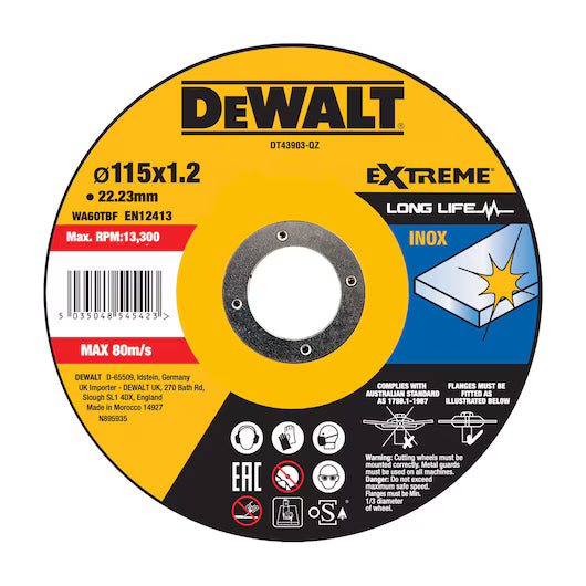 Disco Corte Plano INOX 115x1.2mm Thin Cut Dewalt DT43903-QZ