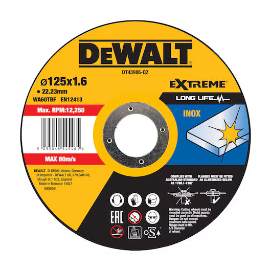 Disco Corte Plano INOX 125x1.6mm Long Life Dewalt DT43906-QZ