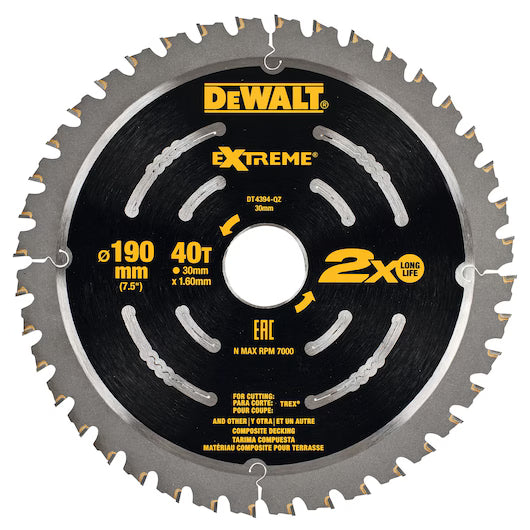 Hoja Sierra Circular EXTREME 190mm 40T Suelos Compuestos Dewalt DT4394-QZ