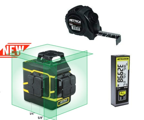 Lote nivel laser Métrica 3D Action Green + Medidor láser Alu60 + Flexómetro Black 5m x 25mm