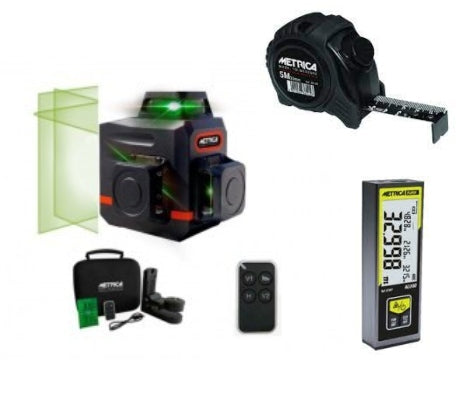 Lote nivel laser Métrica 3D Mini Green + Medidor láser Alu60 + Flexómetro Black 5m x 25mm