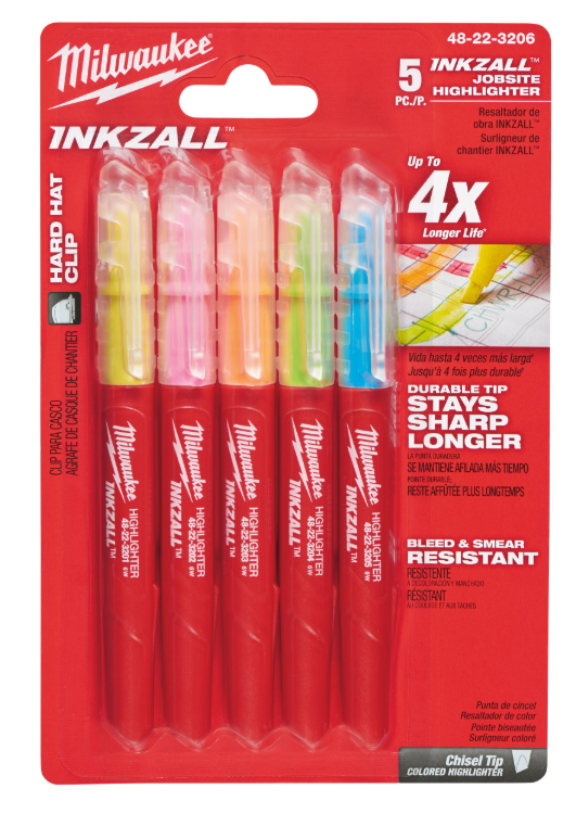 Blíster 5 Marcadores Fluorescentes de Colores Milwaukee 48223206