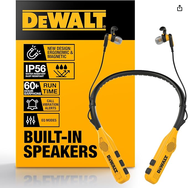 DEWALT Auriculares Inalámbricos Bluetooth 2-en-1 con Altavoces Integrados, Cascos Inalámbricos Bluetooth de Diadema