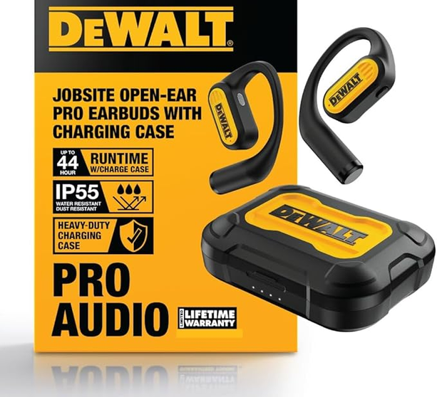 DEWALT Heavy Duty Open Ear Headphones Bluetooth 5.3, Auriculares Open Ear Inalámbricos IP55, 44H Autonomía, True Wireless Air Conduction con Earhooks para Trabajo, Deporte y Obra