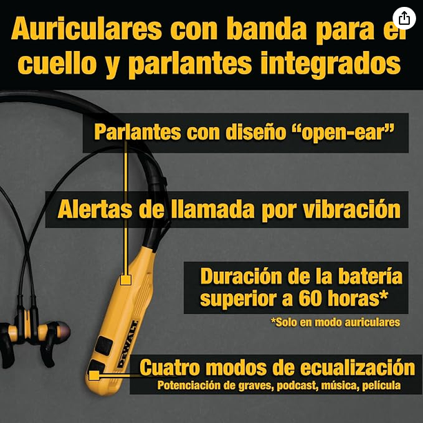 DEWALT Auriculares Inalámbricos Bluetooth 2-en-1 con Altavoces Integrados, Cascos Inalámbricos Bluetooth de Diadema