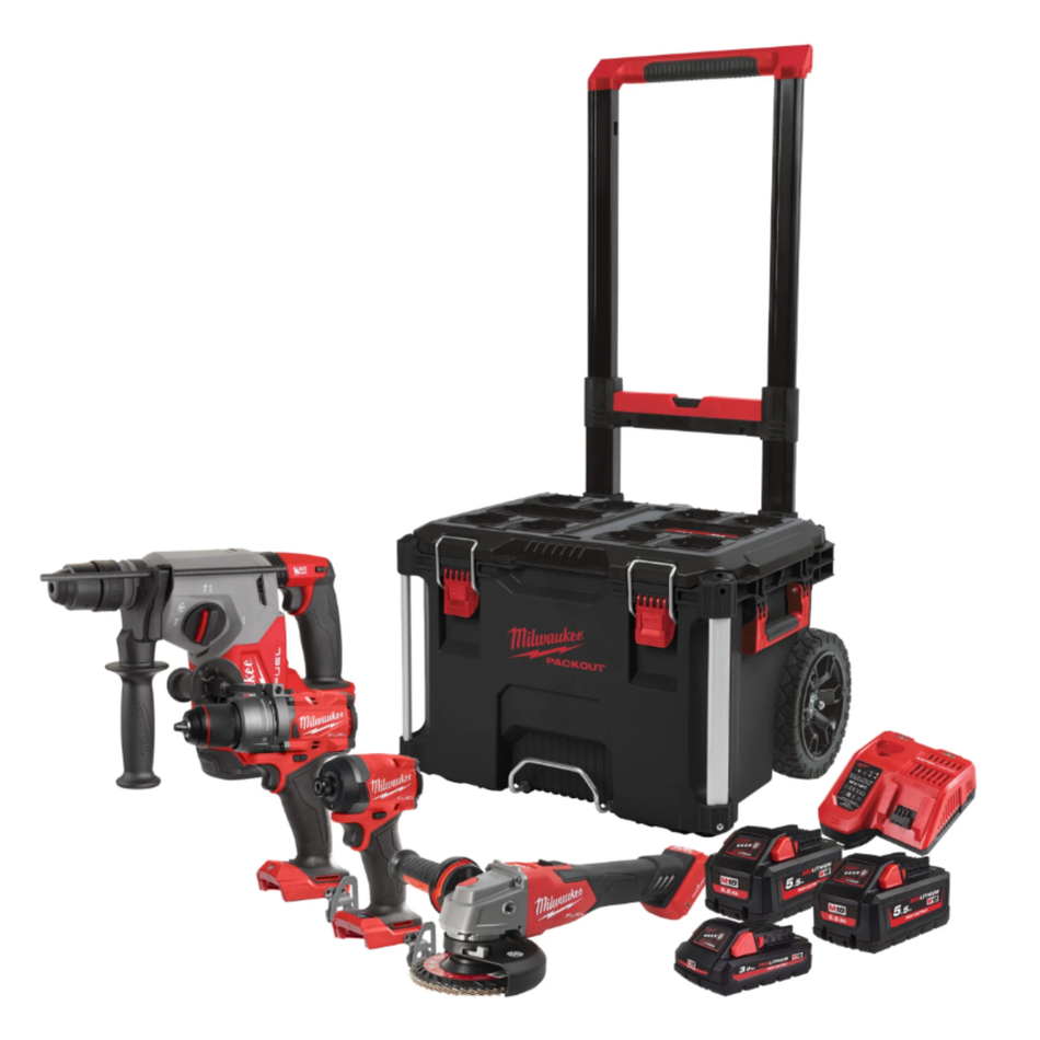 Kit 4 Herramientas M18 FUEL con 3 Baterías, Cargador y Baúl PACKOUT Milwaukee (Martillo, Amoladora, Taladro, Atornillador)