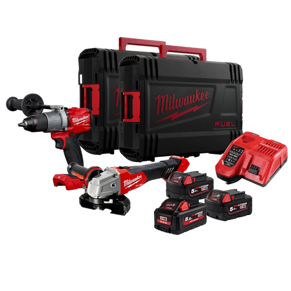Powerpack Taladro + Amoladora M18 FUEL con 3 Baterías 5.5/3Ah + Cargador Milwaukee FPP2Y2-553X 4933481018