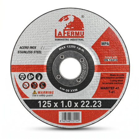 Disco de corte Lafermu 125x1.0 para acero inoxidable.