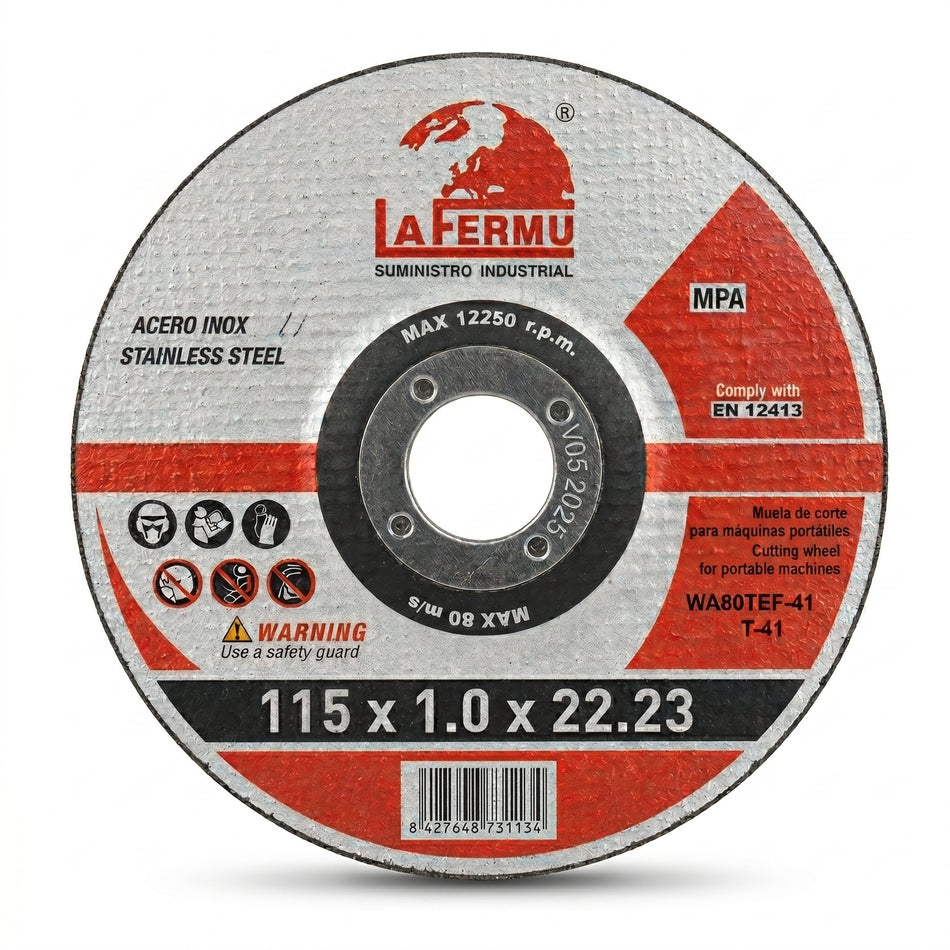 Disco de corte Lafermu 115x1.0 mm para acero inoxidable.