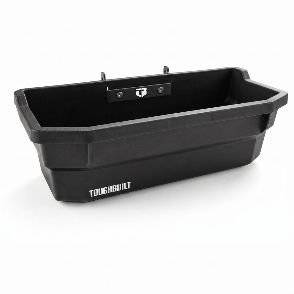 "Gaveta plástica organizadora ToughBuilt de 25cm para colgar en raíles modulares de pared."