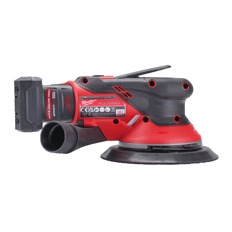 Lijadora rotorbital 150mm órbita 2.5mm M12 FUEL con 2 Baterías 5.0Ah HIGH OUTPUT, Cargador y Maletín Milwaukee M12 FROS2.5-502X