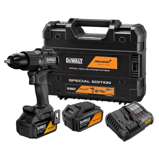Taladro Percutor McLaren sin escobillas XR 18V 90Nm con 2 baterías 5.0Ah y Maletín DeWalt DCD86MP2T
